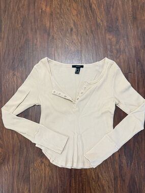Forever 21 Cream Ribbed Henley Long Sleeve Top